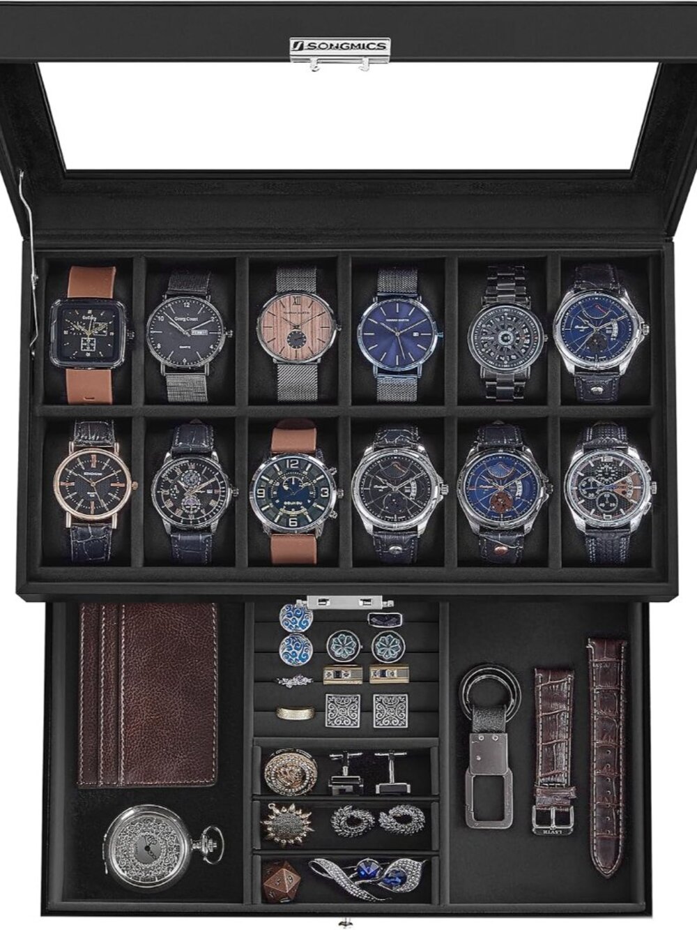 12-Slot Watch Box, Lockable with Glass Lid, 2 Layers Watch Case